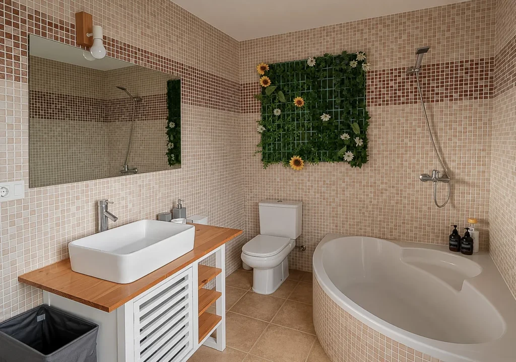 Baño completo con bañera, ducha y lavabo en O Igrexario Vacacional