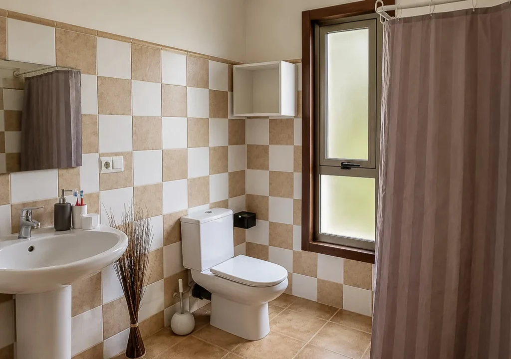 Baño completo con ducha, lavabo y ventana en O Igrexario Vacacional